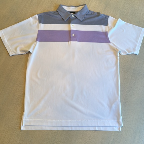 Men’s FootJoy‎ Purple Navy White Stripe Golf Short Sleeve Polo Size Medium - Picture 1 of 12